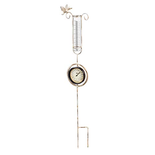 Evergreen Garden Beautiful Metal Butterfly Thermometer and Rain Gauge Garden Stake  7 x 4 x 36 Inches Fade and Weather Resistant Outdoor Decoration for Homes Yards and Gardens