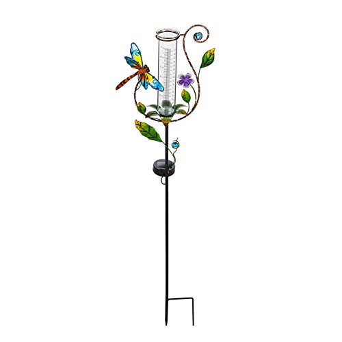 Evergreen Garden Twinkling Light Solar Rain Gauge Garden Stake with Dragonfly Accent 3625 H Decorative Rain Gauge for Your Garden or Yard