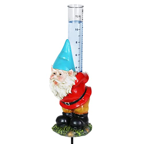 Exhart Gnome Garden Stake wFunctional Rain Gauge Garden Gnomes Holding Glass Rain Gauge Outdoor  Resin Glass  Metal Rain Gauge for Yard WeatherResistant Garden Gnome Décor 3 L x 3 W x 16 H