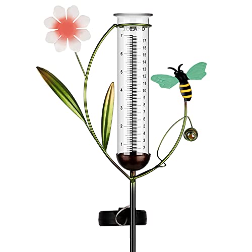 Frienda 7 Inch Solar Powered Bee Rain Gauge Garden Metal and Glass Rain Gauge Flower Garden Stakes Decor with Glass Tube for Yard Deck Outdoors Fence Decoration