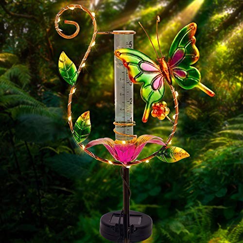 Juegoal 315 Inch Rain Gauge Solar Powered Lighted Butterfly Garden Stakes Decor with 16 LED Warm White Copper Lights Metal Yard Art Outdoor Lawn Pathway Patio Decorations