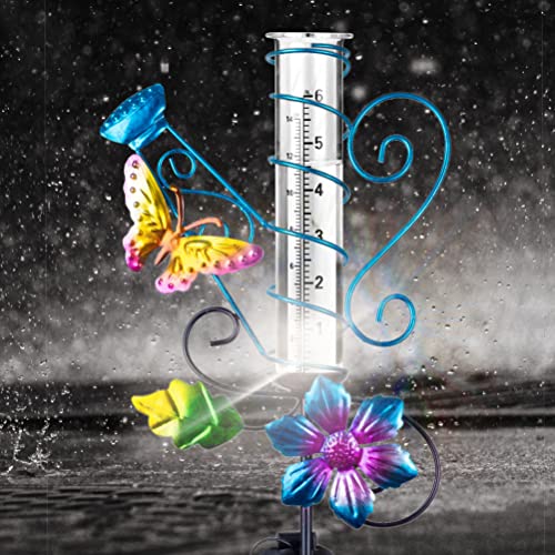 TOPHORT Solar Rain Gauge Outdoor Solar Powered Butterfly Design Rain Gauge Outdoor with Stakes LED Lights for Garden Yard Patio Decor