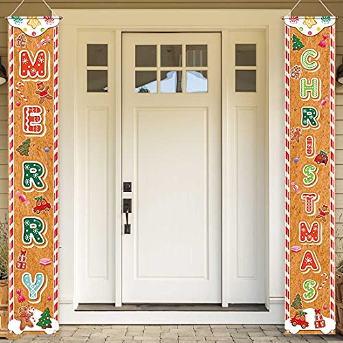 Allenjoy Gingerbread House Merry Christmas Porch Sign Candy Xmas Cookie Exchange Party Wall Door Decoration Hanging Banners Set for Winter Festival Outdoor Indoor Polyester 118x709 Inch 2PCS