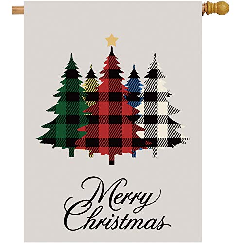 Merry Christmas Garden Flag Double Sided Buffalo Plaid Tree Yard Flag Farmhouse Xmas Winter Holiday Small Banner Lawn Indoor Outdoor Home Decoration 28 x 40inch