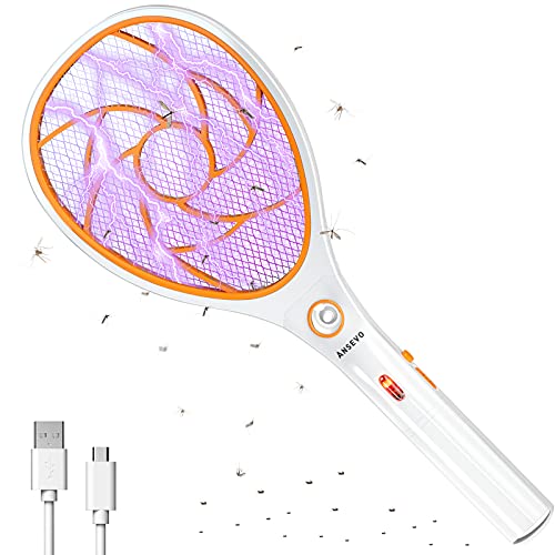 ANSEVO Bug Zapper Racket Mosquito Fly Gnat Wasp Killer USB Rechargeable Electric Fly Swatter for for Indoor Travel Camping and Outdoor（Orange）