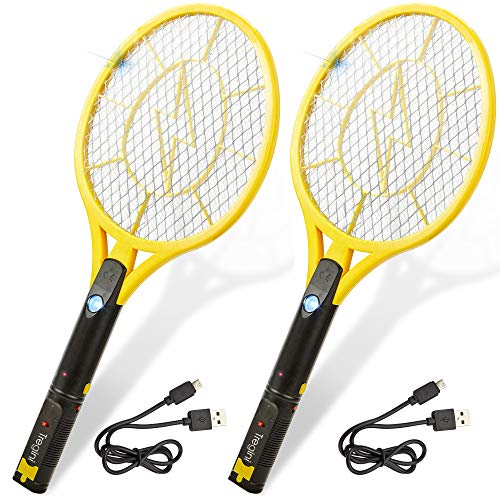 Tregini Large Electric Fly Swatter 2 Pack  Rechargeable Bug Zapper Tennis Racket with Safe to Touch Mesh Net and Builtin Flashlight  Kills Insects Gnats Mosquitoes and Bugs