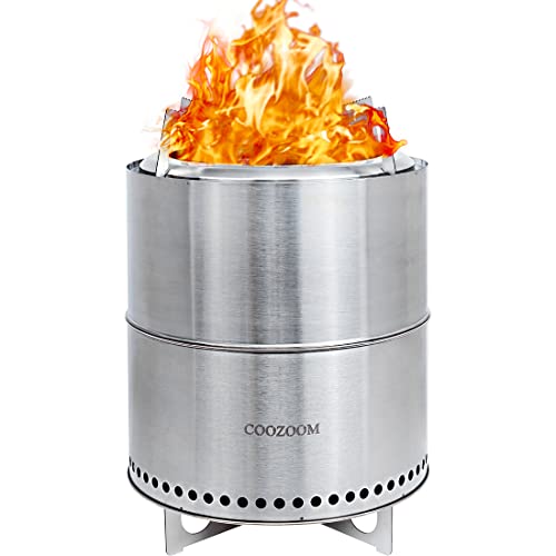 COOZOOM 15 Portable Smokeless Fire Pit with Stand Stainless Steel Bonfire Stove Outdoor Wood Burning Firepit for Camping and Cooking with Carrying Case
