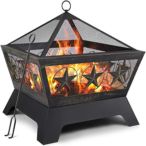 Amagabeli Fire Pit Outdoor Wood Burning 24in Firepit Firebowl Fireplace Poker Spark Screen Retardant Mesh Lid Extra Deep Large Square Outside Backyard Deck Heavy Duty Metal Grate Rustproof Bronze