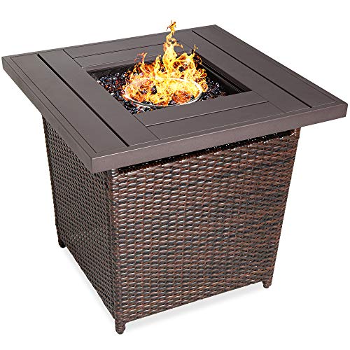 Best Choice Products 28in Gas Fire Pit Table 50000 BTU Outdoor Wicker Patio Propane Firepit wFaux Wood Tabletop Clear Glass Rocks Cover Hideaway Tank Holder Lid  Brown