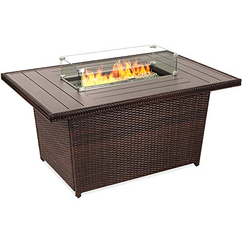Best Choice Products 52in Gas Fire Pit Table 50000 BTU Outdoor Wicker Patio Propane Firepit wAluminum Tabletop Glass Wind Guard Clear Glass Rocks Cover Hideaway Tank Holder Lid  Brown