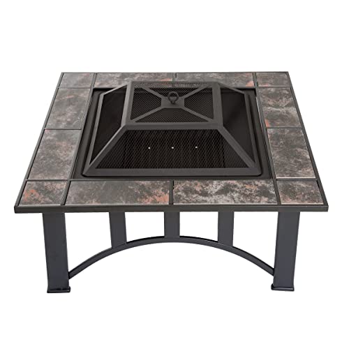 Fire Pit Set Wood Burning Pit  Includes Screen Cover and Log Poker  Great for Outdoor and Patio 33 inch Square Marble Tile Firepit by Pure Garden