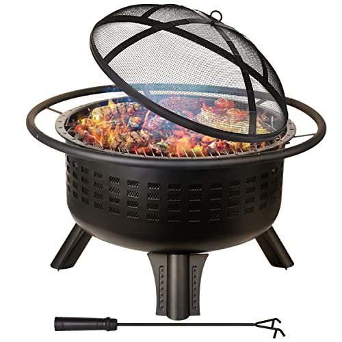 Hykolity 31 Fire Pit for Outside with Cooking Grate Outdoor Firepit Wood Burning Fire Pit with BBQ Grill Spark Screen Cover Log Grate Fire Poker for Backyard Bonfire Patio