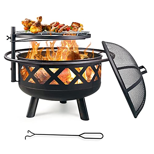 MARVOWARE 2in1 Outdoor Fire Pit with Cooking Grate 30 Heavy Duty Fire Pits Outdoor Wood Burning Steel BBQ Grill Firepit Bowl with Spark Screen Cover Log Grate Fire Poker