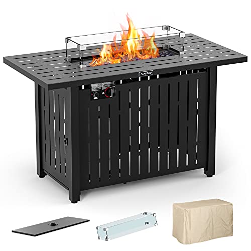 43in Outdoor Propane Gas Fire Pit Table with Glass Wind Guard Glass Rock Waterproof Cover SNAN Retangular 50000 BTU AutoIgnition CSA Certification