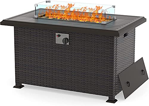 Kullavik 43 Propane Gas Fire Pit Table 50000 BTU AutoIgnition Wicker ETL Certified Outdoor Fire Pits with Glass Wind GuardFire GlassSlide Out Tank HolderLidWaterproof Table Cover