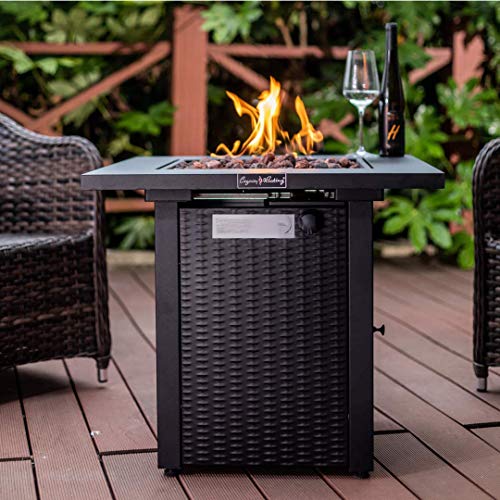 Legacy Heating 28inch Wicker Rattan Square Propane Fire Pit Table Outdoor Dinning Gas Fire Table with Lid 50000BTU Lava Stone ETL Certification for Outside Garden Backyard Deck Patio