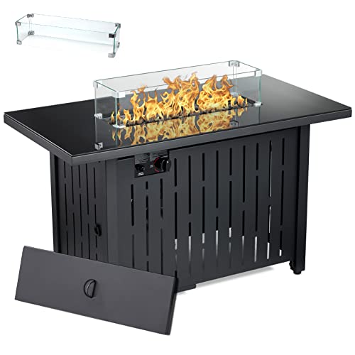 NAVINE Outdoor Propane Gas Fire Pit Table CSA Approved Safe 50000BTU AutoIgnition Propane Gas Fire Table  Glass Wind Guard Black Tempered Glass Tabletop Original Volcanic Rock