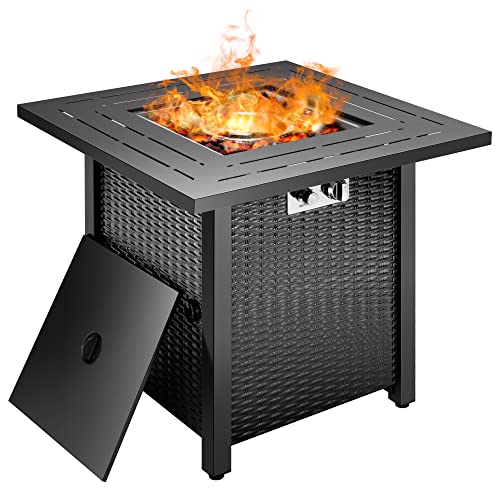 VIVOHOME 28 Inch 50000 BTU Propane Gas Fire Pit Table with Lava Rock Wicker Look ETL CSA Certification AutoIgnition Waterproof Cover DoubleLayer Insulation Board for Patio Outdoor Black