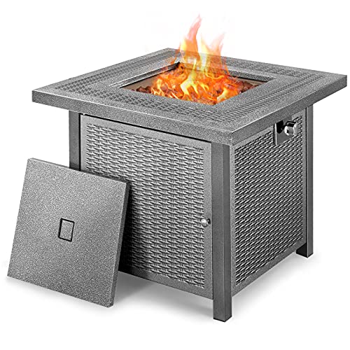 Vaneventi 28inch Propane Fire Pit Table with 50000 BTU AutoIgnition Gas Fire Pit Outdoor Rattan  WickerLook Square Fire Table with Lid ETL Approved Adjustable FlameGray