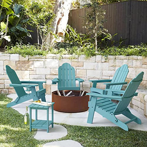 LUE BONA Foldable Adirondack Chair Set of 4 Teal Poly Adirondack Chair Weather Resistant Folding Adirondack Patio Lounge Chair with Cup Holder 350LBS Outdoor Chair for PoolFire PitLawnPorch