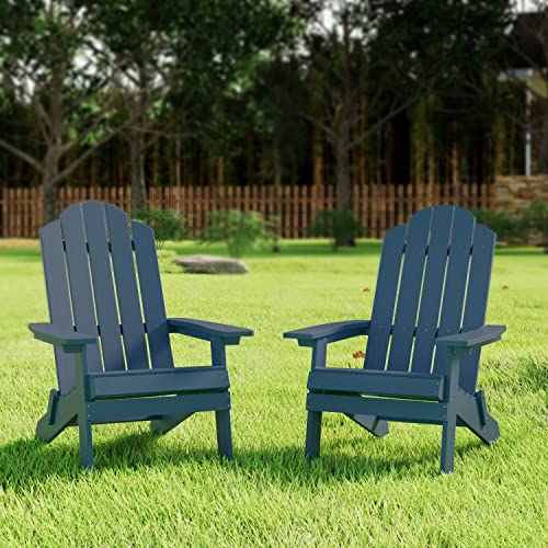 MXIMU Folding Adirondack Chairs Set of 2 Weather Resistant Plastic Fire Pit Chairs Adorondic Plastic Outdoor Chairs for Firepit Area Seating Lifetime (Navy)