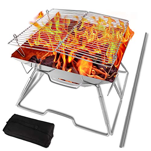 SKYSPER Folding Campfire Grill with Collapsible Fire Bellow Outdoor Wood Burning Fire Pit with Cooking Grill Stainless Steel Portable Camping Grill for Backyard Hiking Backpacking BBQ Charcoal