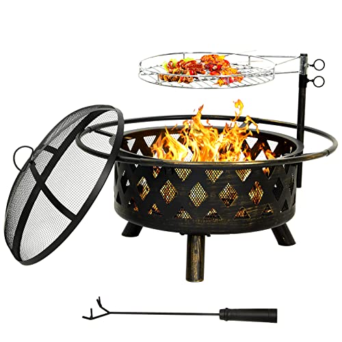 Amopatio Fire Pit for Outside 30 Inch Large Outdoor Wood Burning Fire Pits Patio Backyard Firepit with Steel BBQ Grill Cooking Grate Spark Screen  Poker for Garden Bonfire Camping Picnic