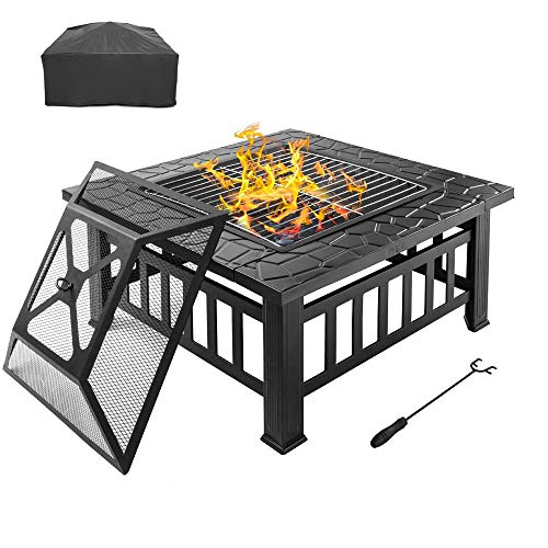 Bonnlo Outdoor Portable Fire Pit 32 with BarbecueCooking Grill Poker and Rain Cover Square Metal 3 in 1 Wood Burning Fire Pit Backyard Patio Terrace