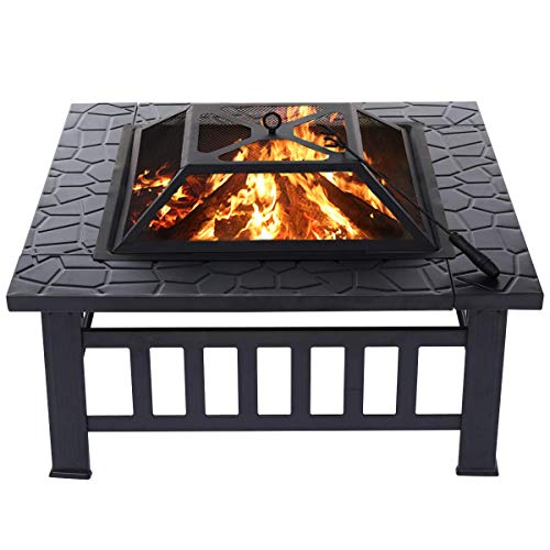 Fire Pit 32 Wood Burning Firepit Metal Square Outdoor Fire Tables Steel BBQ Grill Fire Pit Bowl with Spark Screen Cover Poker Log Grate for Patio Bonfire Camping Backyard Garden Picnic