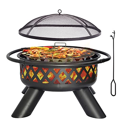 Kapler Fire Pit Grill Burning Wood Outdoor Heating and Cooking 375 Inch Large Fire Pit with Cooking Grill Outdoor Wood Burning Equipment with Mesh Spark Screen  Cover  Poker