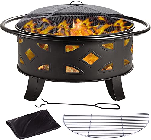 OOX Fire Pit 36 Fire Pit Outdoor Wood Burning Steel BBQ Grill Firepit Bowl with Mesh Spark Screen Over Log Grate Wood Fire Poker for Outdoor