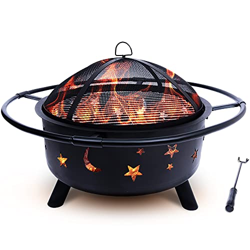 Project One Outdoor Fire Pit  30 Inch Round Bonfire Wood Burning Patio  Backyard Firepit for Outside with Cooking BBQ Grill Grate Spark Screen and Fireplace Poker