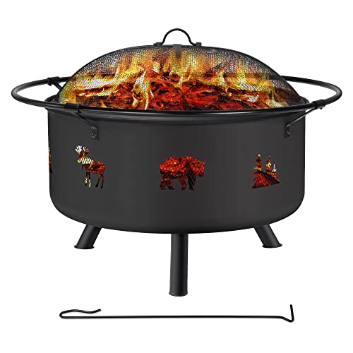 SUNCREAT 30 Outdoor Portable Fire Pit for Camping Bonfire Wood Burning Fire Pits for Outside with Grill and Fireplace Poker Black