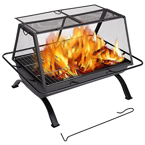 SUNCREAT Outdoor Fire Pit with Steel Grill 36 Inch Large Wood Burning Firepit for Outside with Cooking BBQ Grill Grate Spark Screen Fireplace Poker and Waterproof Cover
