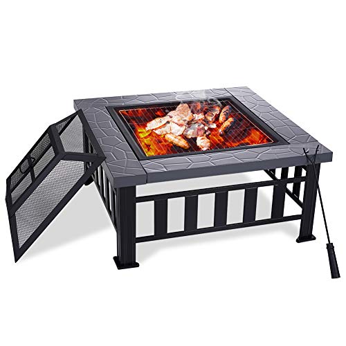 Yardom 34 inch Outdoor Fire Pits BBQ Square Firepit Table Backyard Patio Garden Stove Wood Burning Fireplace with Grill Spark Screen Cover Poker Rain Cover