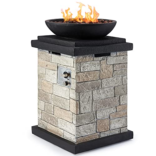 AVAWING Propane Firebowl Column 40000 BTU Outdoor Gas Fire Pit Compact Ledgestone Firepit Table with Lava Rocks and Rain Cover