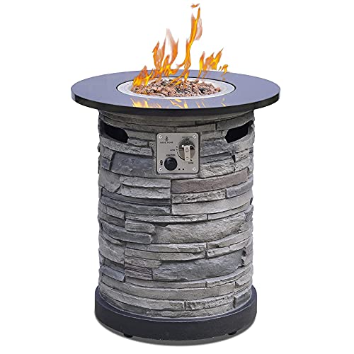 BAIDE HOME Outdoor Gas Propane Fire Pit Table Round Natural Granite Stone top 22 Fire Column Fire Bowl W 40000 BTU Firepit Table AutoIgnition 400D Cover Lava Rocks for Outside Patio