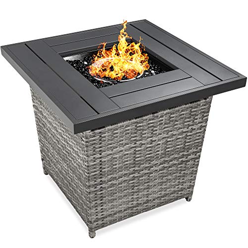 Best Choice Products 28in Gas Fire Pit Table 50000 BTU Outdoor Wicker Patio Propane Firepit wFaux Wood Tabletop Clear Glass Rocks Cover Hideaway Tank Holder Lid  Ash Gray
