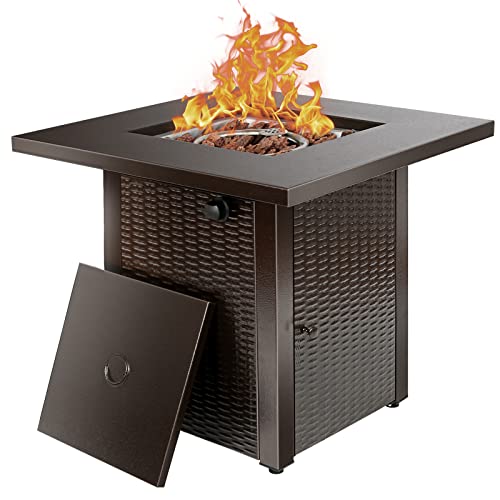 Hykolity Propane Fire Pit Table 28 inch 50000 BTU Outdoor Gas Fire Pit with Lid and Lava Rock Square Firepit Table for Outside Patio Garden Backyard ETL Listed