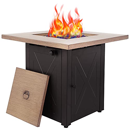 LEGACY HEATING Propane Fire Pit Table 28inch Outdoor Gas Fire Pit Table 50000 BTU Steel Fire Table with Lid and Lava Rock Square Wood Grain Firepit Table for Outside Patio Backyard Garden Courtyard