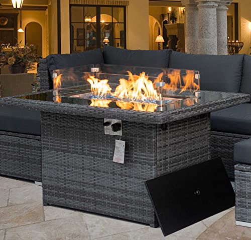 NICESOUL 43 Outdoor Patio Propane Fire Pit Table Gray PE Wicker 55000 BTU AutoIgnition Dural Heating Rectangle Firepits 8mm Glass Tabletop  Blue StoneCSA Certification (Wind GlassTable Cover)