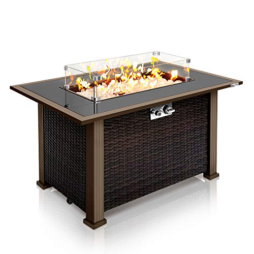 Outdoor Propane Fire Pit Table  CSA Approved Safe 50000BTU AutoIgnition Propane Gas Fire Table  Rattan Panel Glass Wind Guard Black Tempered Glass Tabletop Clear Glass Rock  SereneLife SLFPTL
