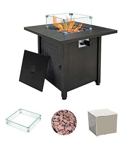 SEERESS Gas Fire Pit Table Outdoor 50000BTU CSA Certification Adjustable Flame Metal Propane Firepit with Glass Wind GuardLidLava StoneCoverAutoIgnition for GardenBackyardDeckPatio 28in