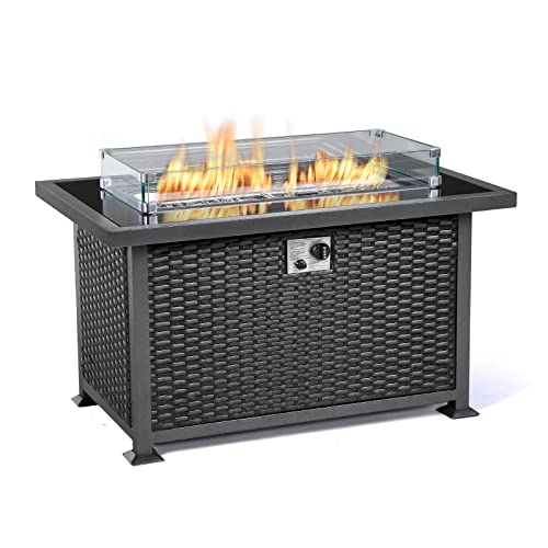 UMAX 44 Inch Outdoor AutoIgnition Propane Gas Fire Pit Table 50000 BTU CSA Certificate Gas Firepit Aluminum Frame Wicker PE Rattan with Glass Wind Guard  Clear Arctic Glass …