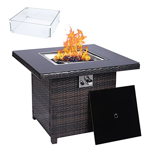 VIVIJASON 32in Outdoor Propane Gas Fire Pit Table 50000 BTU Square AutoIgnition Rattan Firepit with Glass Wind Guard Tempered Glass Lid Blue Glass Rocks Waterproof Cover CSA Certification