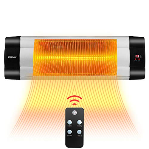 COSTWAY WallMounted Patio Heater 1500W Adjustable Infrared Heater with Remote Control 24H Timer 3 Modes Quiet 3s Instant Heat Easy Install Stand for Outdoor Home Backyard