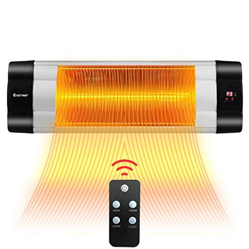 COSTWAY WallMounted Patio Heater 1500W Adjustable Infrared Heater with Remote Control 24H Timer 3 Modes Quiet 3s Instant Heat Easy Install Stand for Outdoor Home Backyard