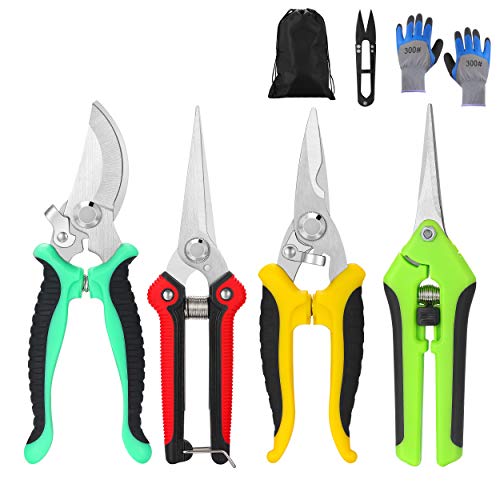 Topbooc 5 Pack Garden Pruning Shears Stainless Steel Blades Handheld Scissors Set with Gardening GlovesHeavy Duty Garden Bypass Pruning ShearsTree Trimmers Secateurs Hand Pruner