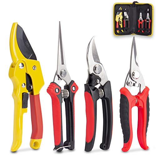 KOTTO 4 Pack Professional Bypass Pruning Shears Stainless Steel Cutter Clippers Sharp Hand Pruner Secateurs Garden Trimmer Scissors Kit with Storage Bag