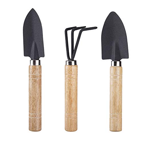3Piece Mini Garden Plant Tools Sets Small Shovel Rake Spade Wood Handle for Loose Succulents Potted Flower Seedling Soil Garden Tool Sets
